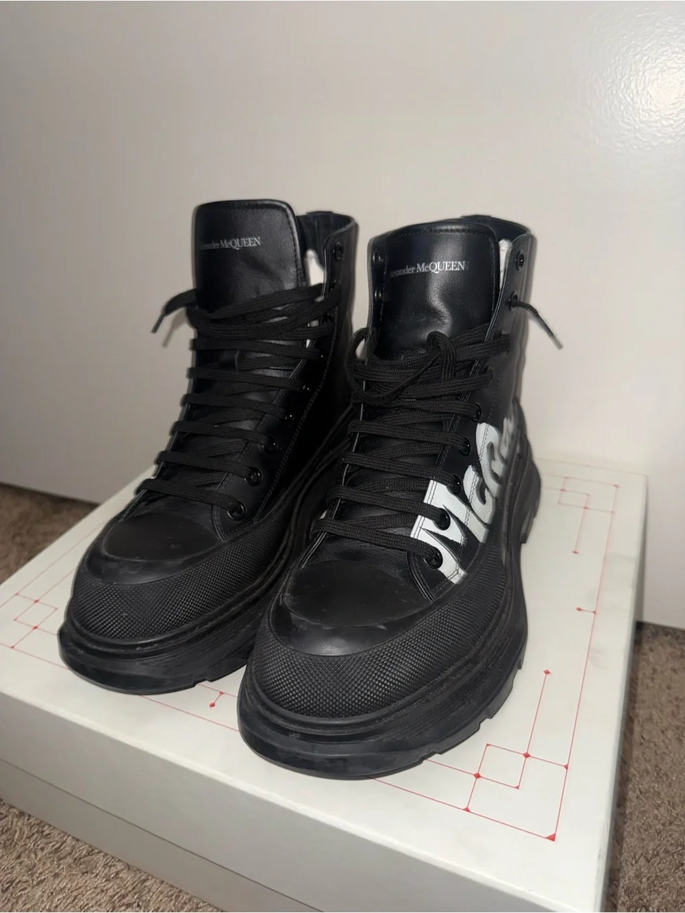 Alexander McQueen Black Leather High-Top Logo Boots Size 10
